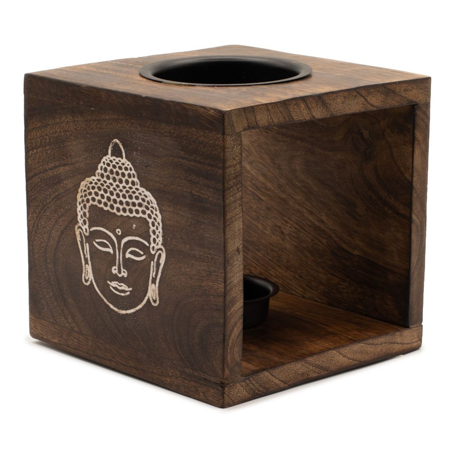 MWOB-08 Ancient Wisdom Buddha Face Design Large Square Mango Wood Oil Burner Ancient Wisdom Buddha Face Design Large Square Mango Wood Oil Burner - Image 1