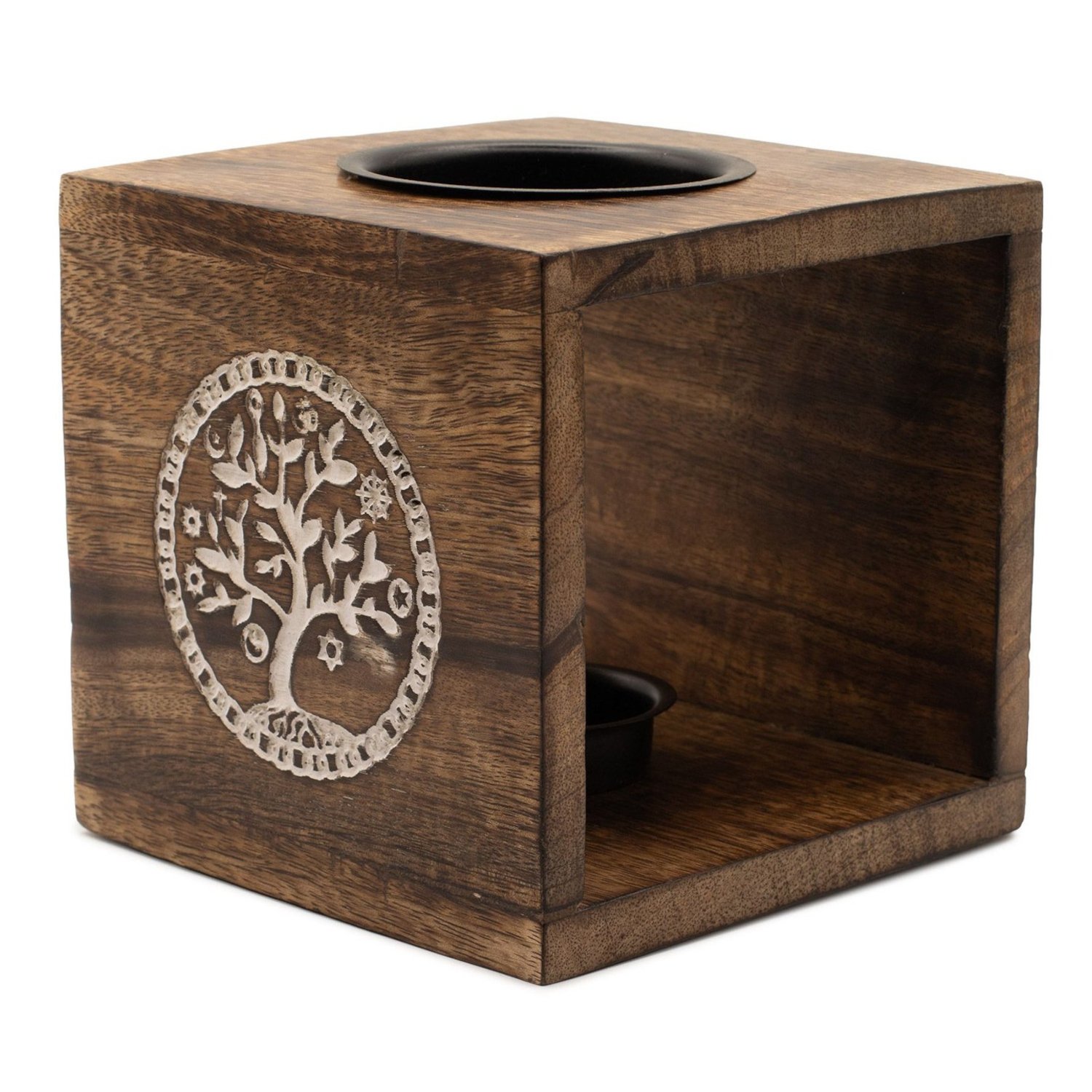 MWOB-10 Ancient Wisdom Tree of Life Design Large Square Mango Wood Oil Burner Ancient Wisdom Tree of Life Design Large Square Mango Wood Oil Burner - Image 1