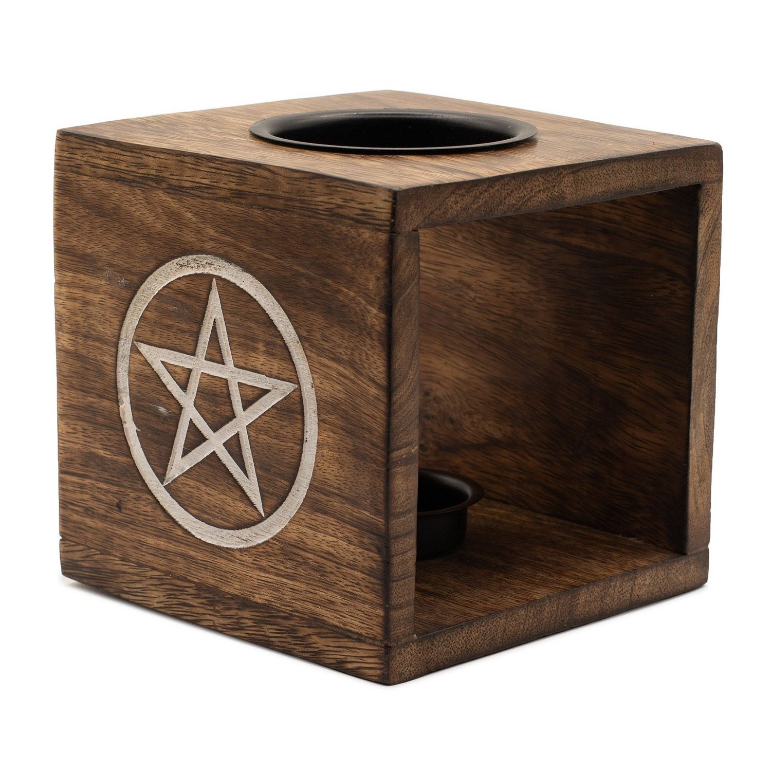 MWOB-11 Ancient Wisdom Pentagon Design Large Square Mango Wood Oil Burner Ancient Wisdom Pentagon Design Large Square Mango Wood Oil Burner - Image 1