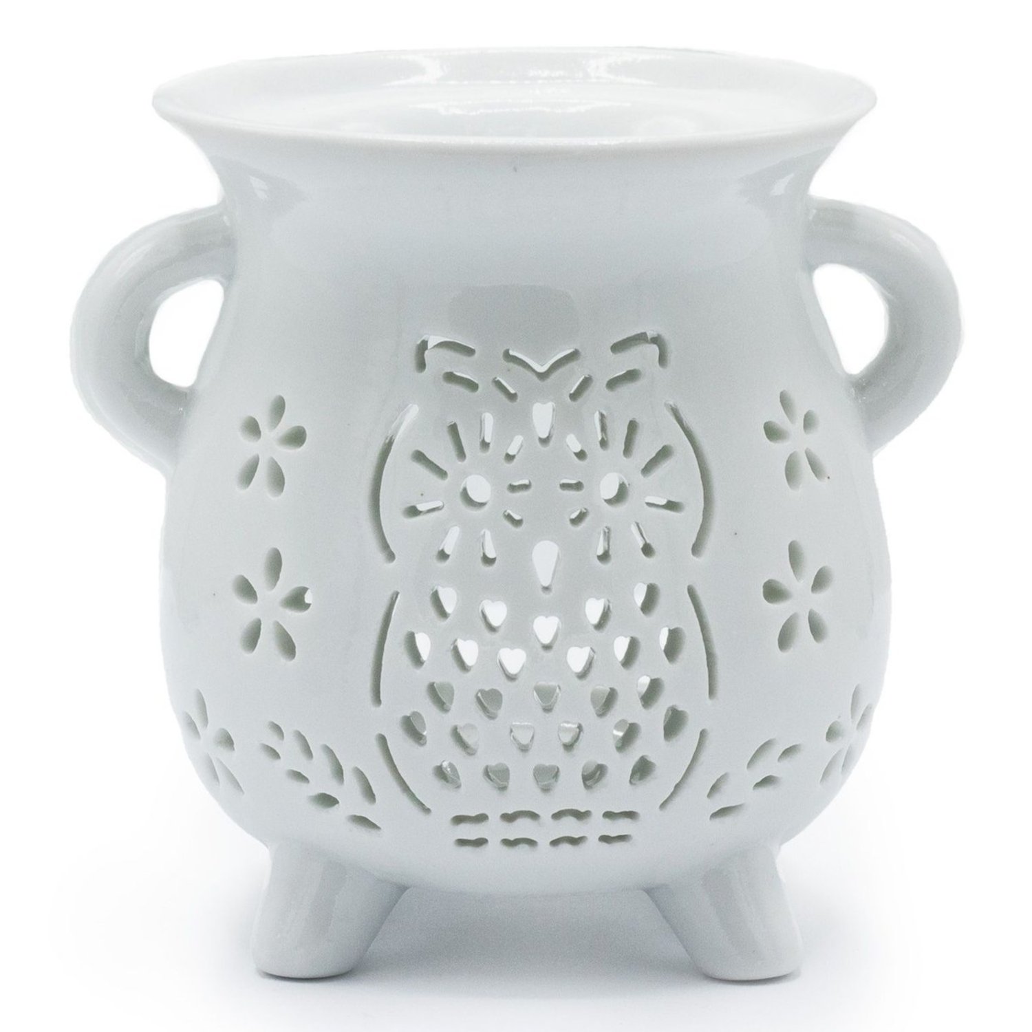 OB-304 Ancient Wisdom Cauldron Owl Cutout Design White Ceramic Oil Burner Ancient Wisdom Cauldron Owl Cutout Design White Ceramic Oil Burner - Image 1