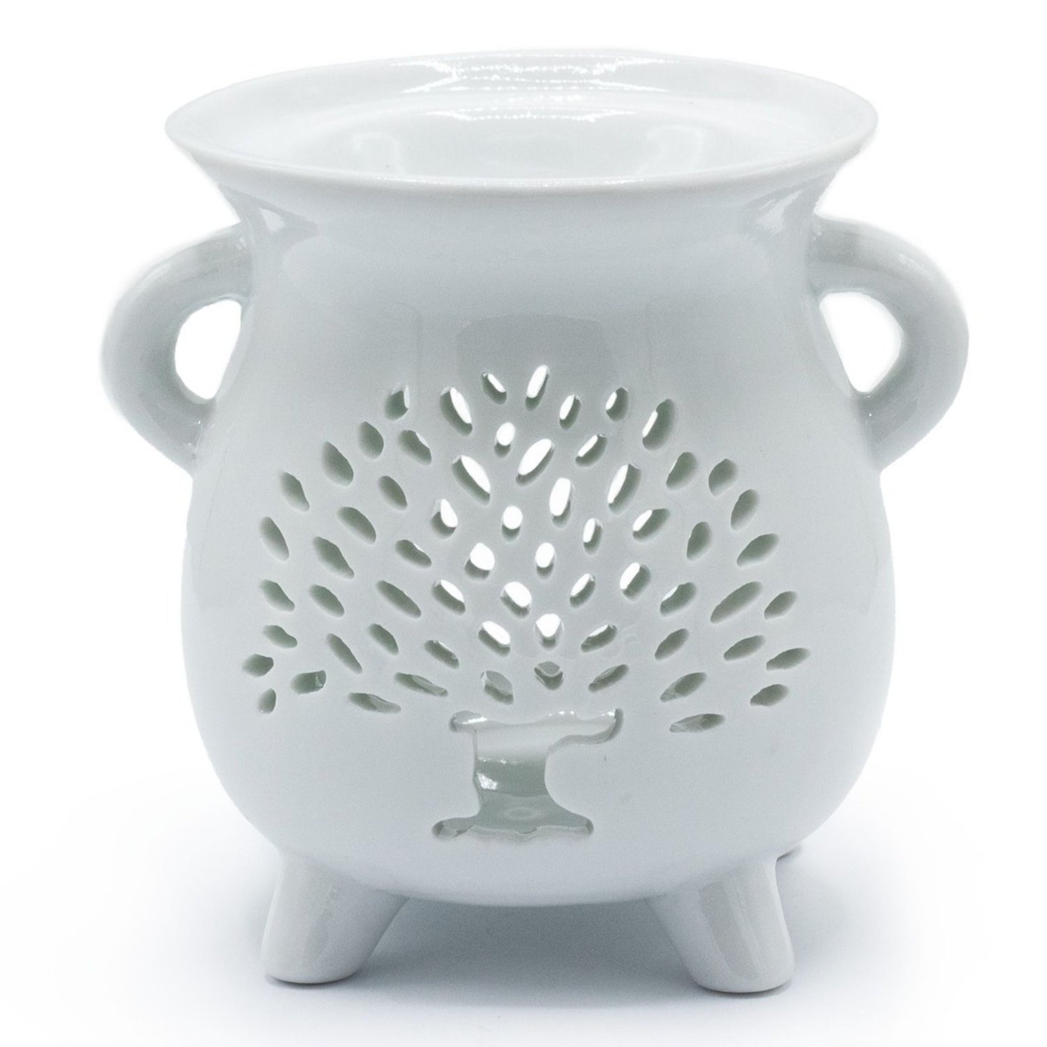 OB-305 Ancient Wisdom Cauldron Tree of Life Cutout Design White Ceramic Oil Burner Ancient Wisdom Cauldron Tree of Life Cutout Design White Ceramic Oil Burner - Image 1
