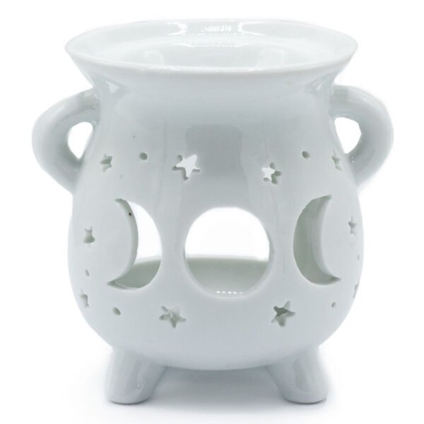 Ancient Wisdom Cauldron Moon Phase Cutout Design White Ceramic Oil Burner