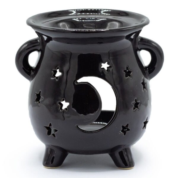 Ancient Wisdom Cauldron Moon & Stars Cutout Design Black Ceramic Oil Burner