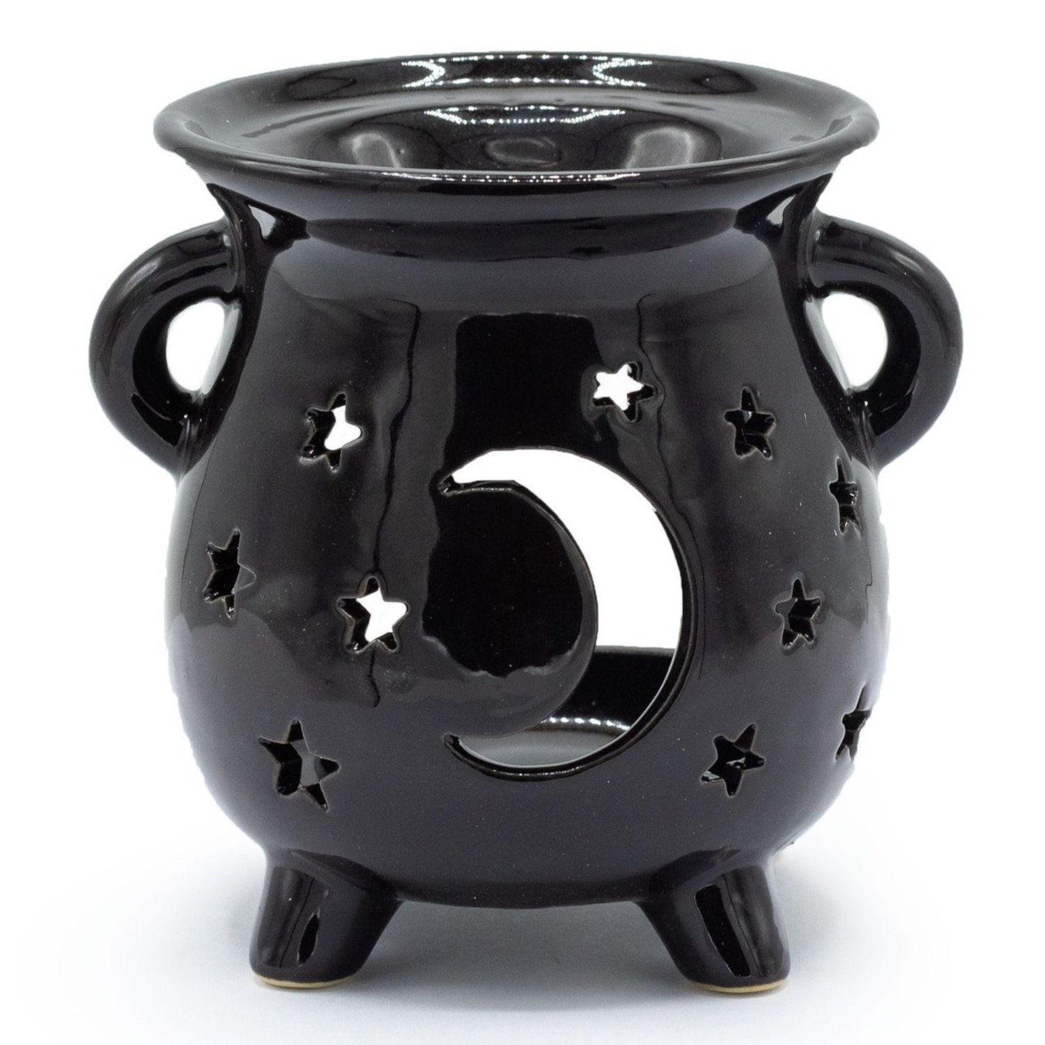 OB-307 Ancient Wisdom Cauldron Moon & Stars Cutout Design Black Ceramic Oil Burner Ancient Wisdom Cauldron Moon & Stars Cutout Design Black Ceramic Oil Burner - Image 1