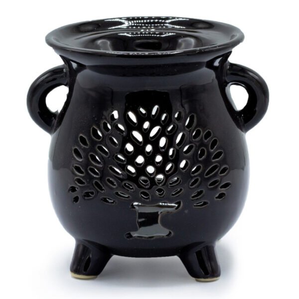 Ancient Wisdom Cauldron Tree of Life Cutout Design Black Ceramic Oil Burner