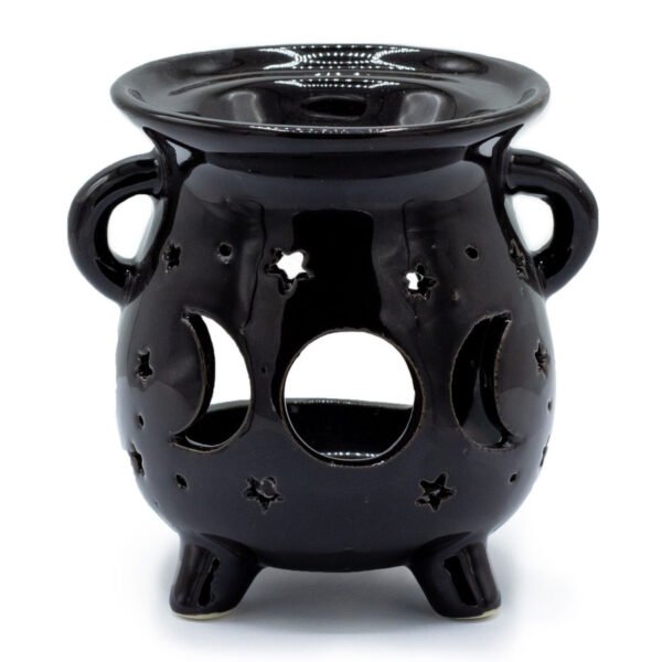 Ancient Wisdom Cauldron Moon Phase Cutout Design Black Ceramic Oil Burner