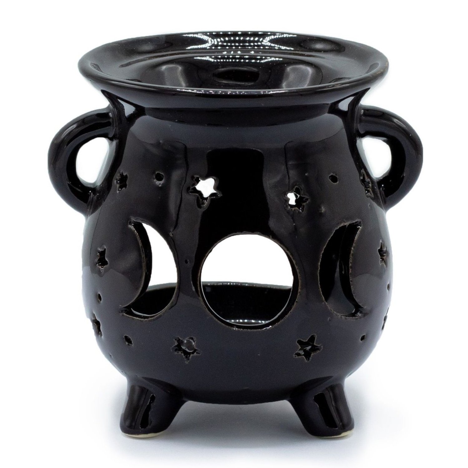 OB-309 Ancient Wisdom Cauldron Moon Phase Cutout Design Black Ceramic Oil Burner Ancient Wisdom Cauldron Moon Phase Cutout Design Black Ceramic Oil Burner - Image 1