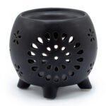 Ancient Wisdom Squat Pot Flower Burst Cutout Design Matt Black Ceramic Oil Burner
