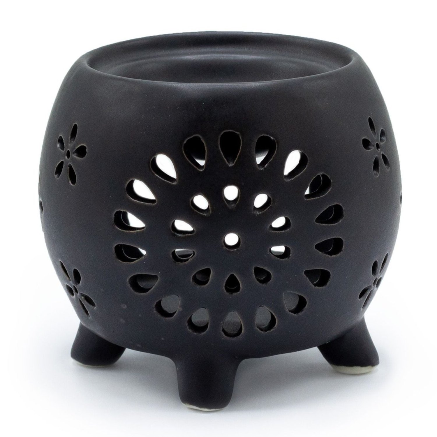 OB-317 Ancient Wisdom Squat Pot Flower Burst Cutout Design Matt Black Ceramic Oil Burner Ancient Wisdom Squat Pot Flower Burst Cutout Design Matt Black Ceramic Oil Burner - Image 1