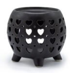 Ancient Wisdom Squat Pot Hearts Cutout Design Matt Black Ceramic Oil Burner