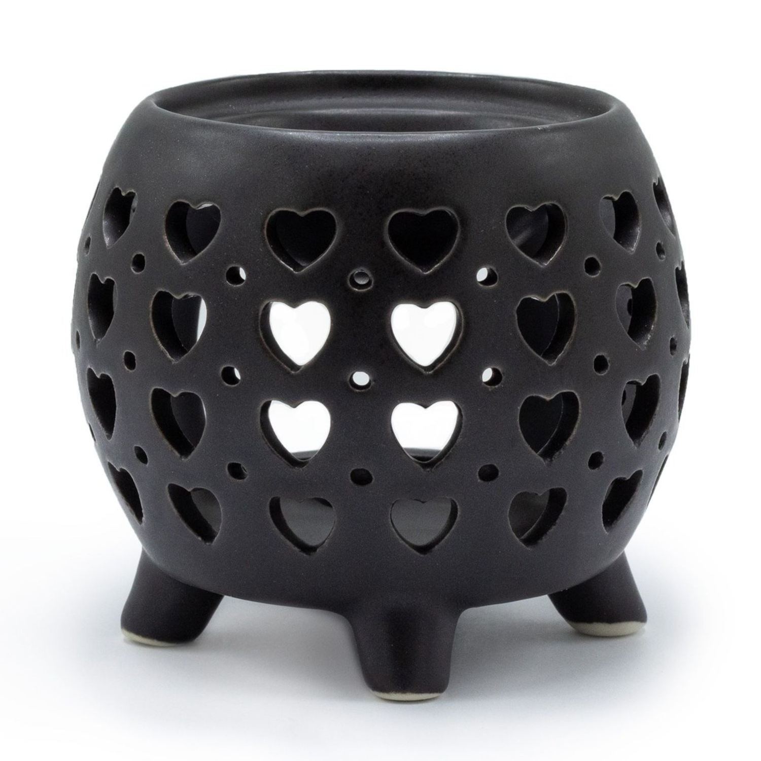 OB-318 Ancient Wisdom Squat Pot Hearts Cutout Design Black Ceramic Oil Burner Ancient Wisdom Squat Pot Hearts Cutout Design Matt Black Ceramic Oil Burner - Image 1