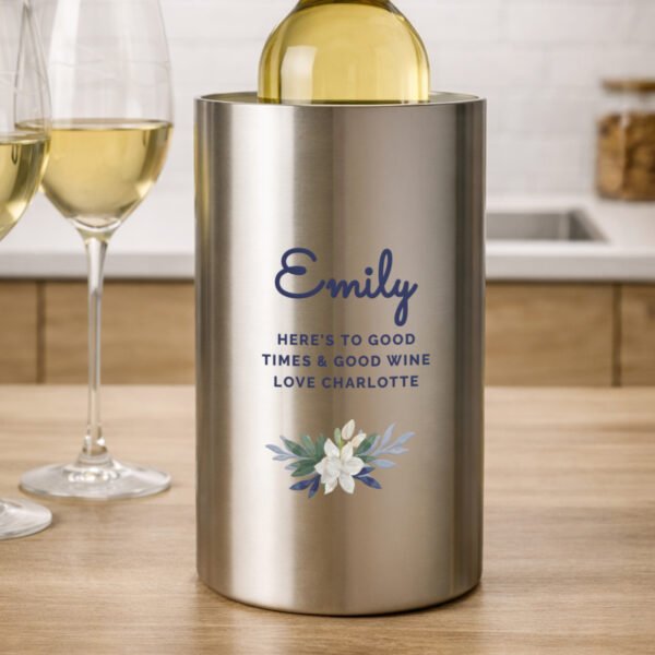 Personalised Any Message Blue Floral Design Stainless Steel Wine Cooler