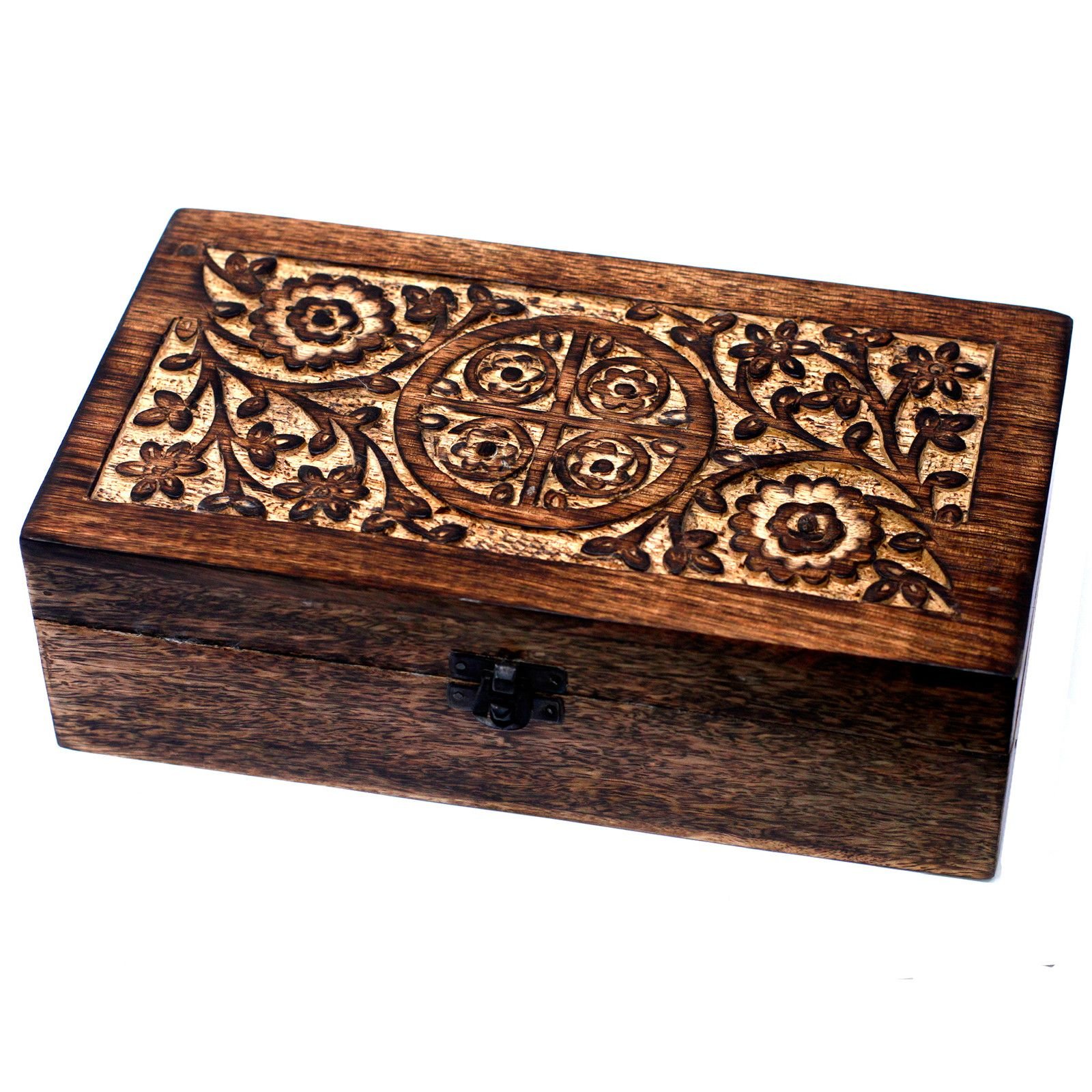 bG9jYWw6Ly9tZWRpYS85SC9KRC82MFIzMEMxRzZNU0tKRDlIL2RiN2E1ZjI2LmpwZWc.jpg Ancient Wisdom Carved Floral Mango Wood Aromathrapy Box (Holds 24x 10ml Bottles) - Image 1