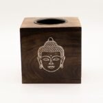 Ancient Wisdom Buddha Face Design Large Square Mango Wood Oil Burner - Image 3