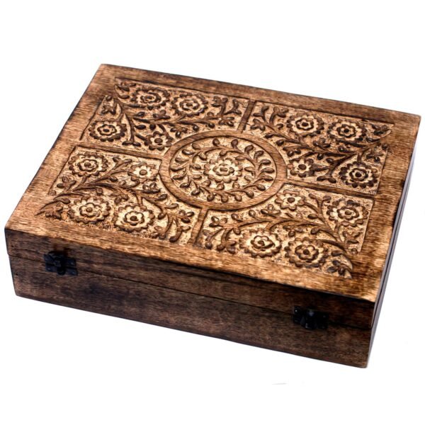 Ancient Wisdom Carved Floral Mango Wood Aromathrapy Box (Holds 80x 10ml Bottles)