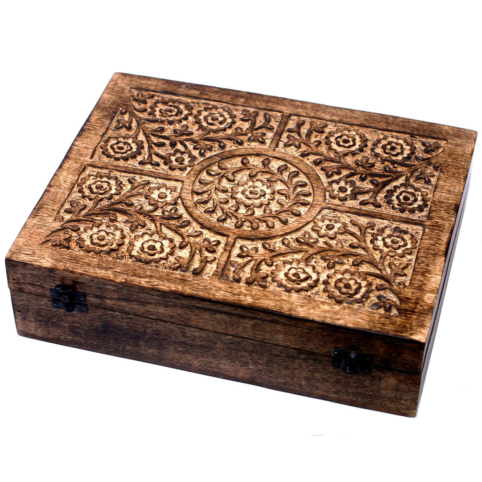 bG9jYWw6Ly9tZWRpYS85TS9KRC82MFIzMEMxRzZNU0tKRDlNL2E0OWI1Y2NmLmpwZWc.jpg Ancient Wisdom Carved Floral Mango Wood Aromathrapy Box (Holds 80x 10ml Bottles) - Image 1