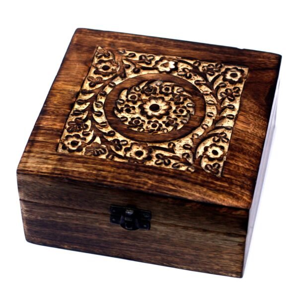 Ancient Wisdom Carved Floral Mango Wood Aromathrapy Box (Holds 25x 10ml Bottles)