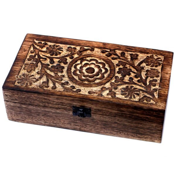 Ancient Wisdom Carved Floral Mango Wood Aromathrapy Box (Holds 32x 10ml Bottles)