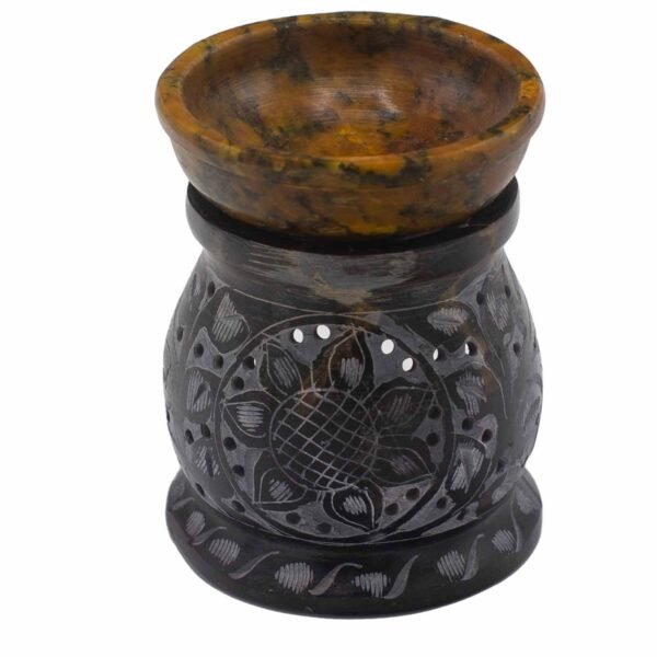Ancient Wisdom 10cm Mandala Flower Design Soapstone Oil Burner - Black & Yellow