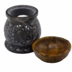 Ancient Wisdom 10cm Mandala Flower Design Soapstone Oil Burner - Black & Yellow - Image 2