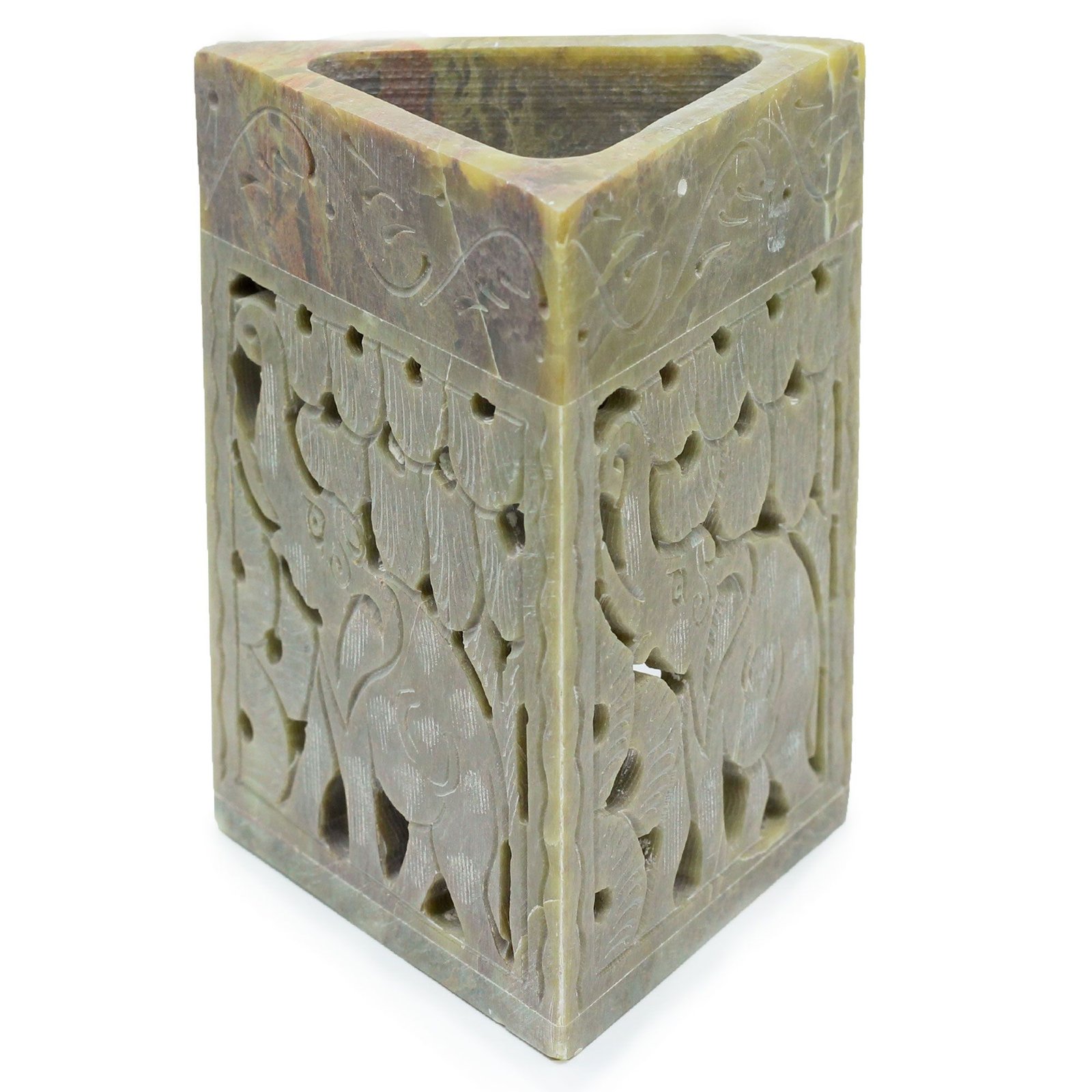 bG9jYWw6Ly9tZWRpYS9IUy84Qy82MFIzMEMxRzZXVDM4Q0hTLzI2Zjc4NzliLmpwZWc.jpg Ancient Wisdom Elephant Design Triangle Soapstone Oil Burner - Image 1