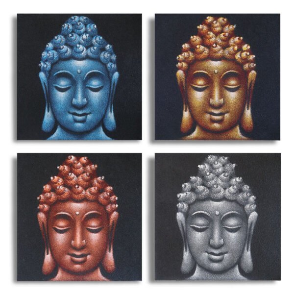 Ancient Wisdom Set of 4 Buddha Heads Sand Detail Canvas Wall Art – 30x30cm