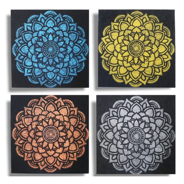 Ancient Wisdom Set of 4 Mandala Brocade Detail Canvas Wall Art – 30x30cm