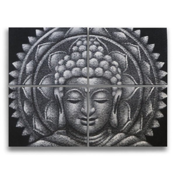 Ancient Wisdom Set of 4 Grey Buddha Mandala Brocade Detail Canvas Wall Art – 30x40cm