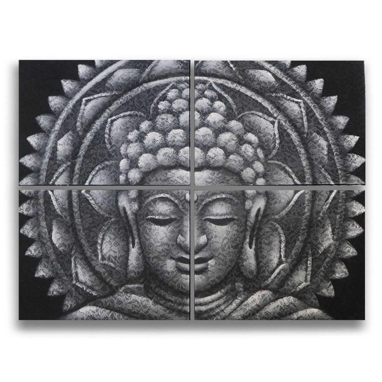 BAP-18 Ancient Wisdom Set of 4 Grey Buddha Mandala Brocade Detail Canvas Wall Art – 30x40cm Ancient Wisdom Set of 4 Grey Buddha Mandala Brocade Detail Canvas Wall Art – 30x40cm - Image 1