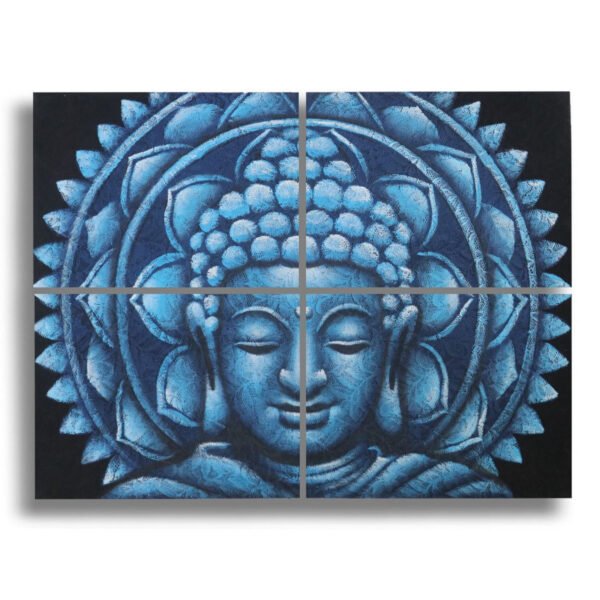 Ancient Wisdom Set of 4 Blue Buddha Mandala Brocade Detail Canvas Wall Art – 30x40cm