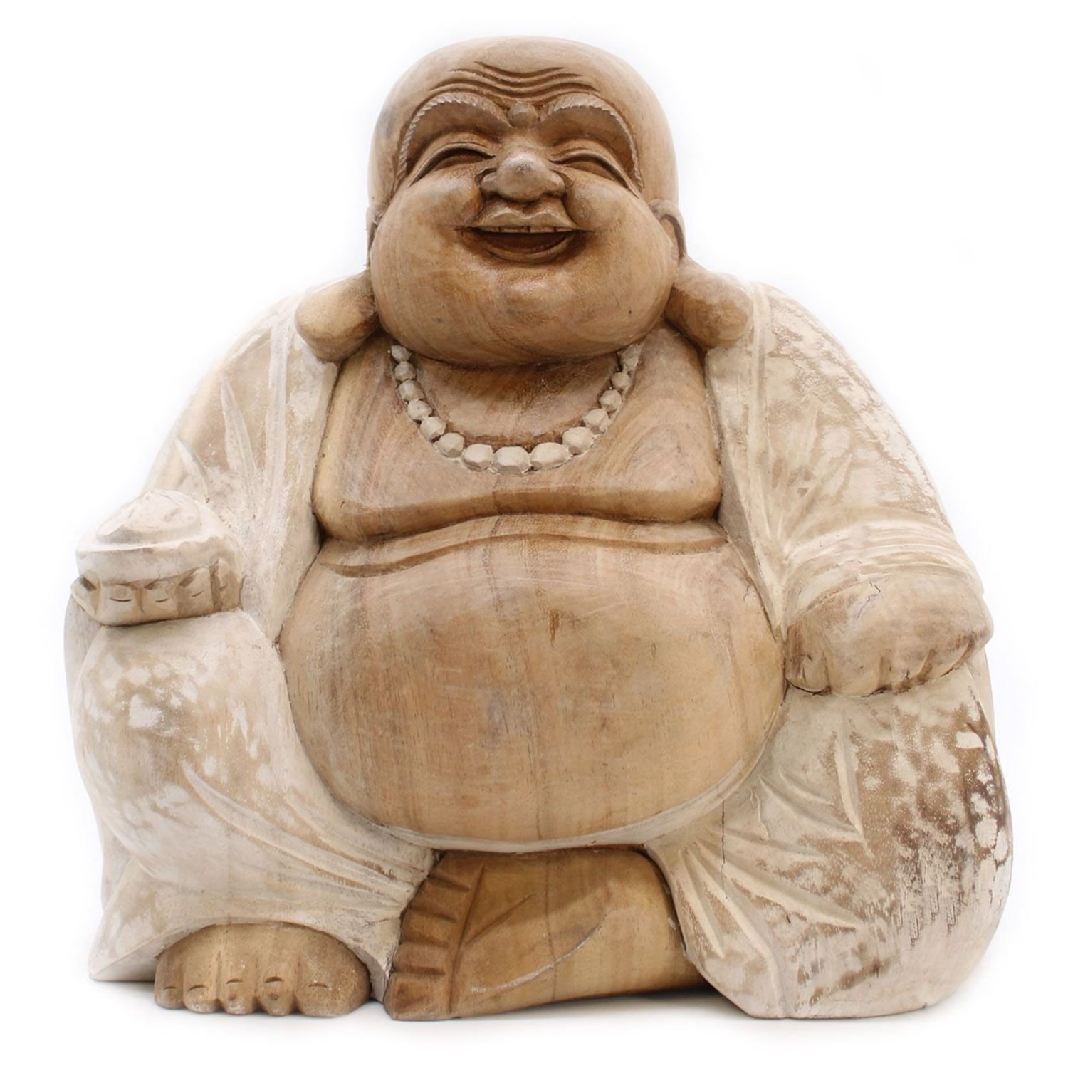HCBS-13 Ancient Wisdom Handcrafted Whitewash Wooden Happy Buddha Statue – 30cm Ancient Wisdom Handcrafted Whitewash Wooden Happy Buddha Statue – 30cm - Image 1