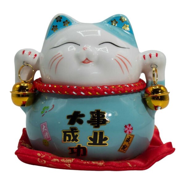 Ancient Wisdom Ceramic Money Cat Bank - Blue On Cushion