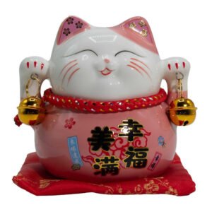 MCat-15 Ancient Wisdom Ceramic Money Cat Bank - Pink On Cushion