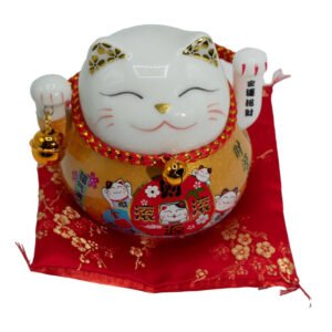 MCat-17 Ancient Wisdom Ceramic Money Cat Moving Hand - Gold On Cushion 2