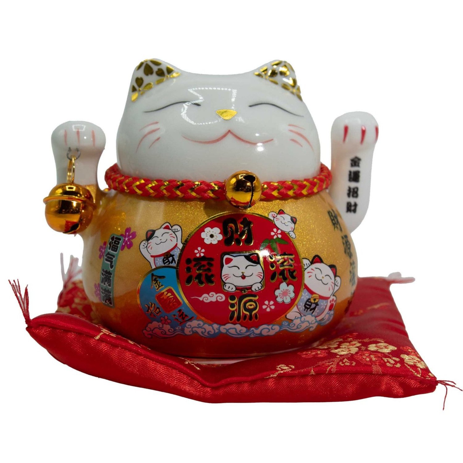 MCat-17 Ancient Wisdom Ceramic Money Cat Moving Hand - Gold On Cushion Ancient Wisdom Ceramic Money Cat Moving Hand - Gold On Cushion - Image 1