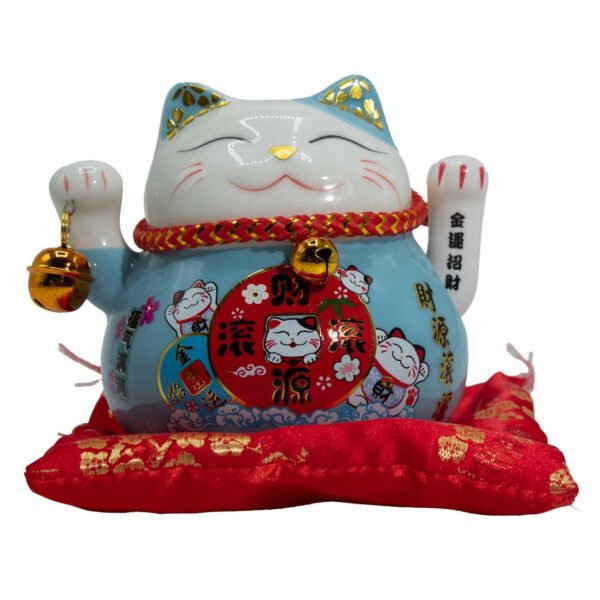 Ancient Wisdom Ceramic Money Cat Moving Hand - Blue On Cushion