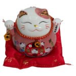 Ancient Wisdom Ceramic Money Cat Moving Hand - Pink On Cushion - Image 2