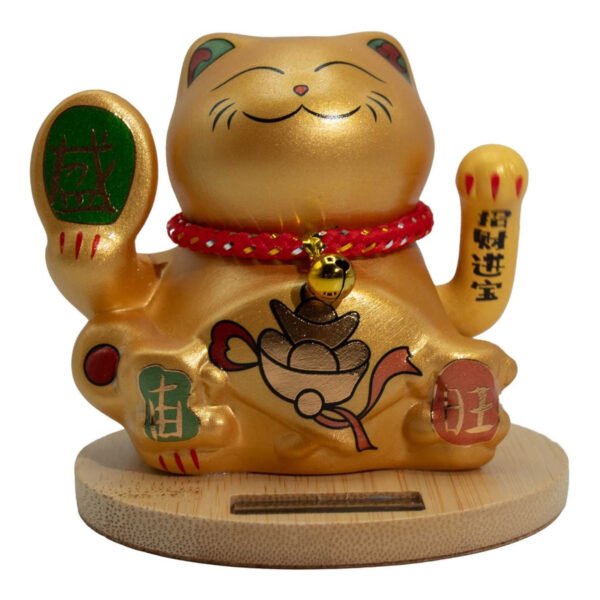Ancient Wisdom Solar Money Cat Wooden Base - Gold Moving Hand