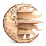 Ancient Wisdom Sunrays & Moon 3 Tier Carved Wooden Wall Shelf