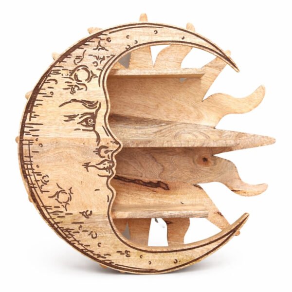 Ancient Wisdom Sunrays & Moon 3 Tier Carved Wooden Wall Shelf
