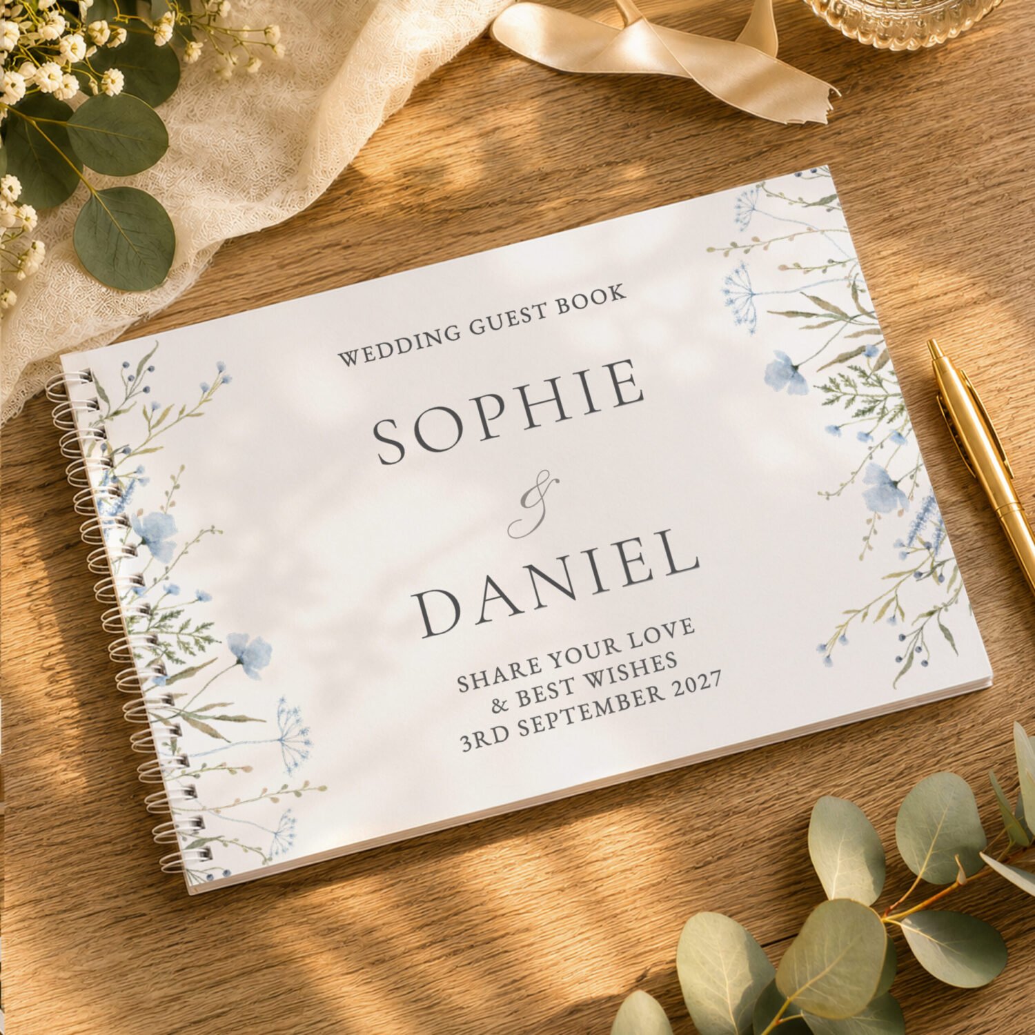 P0512AI77 Personalised Any Message Blue Wild Flowers Design Guest Book Personalised Any Message Blue Wild Flowers Design Guest Book - Image 1