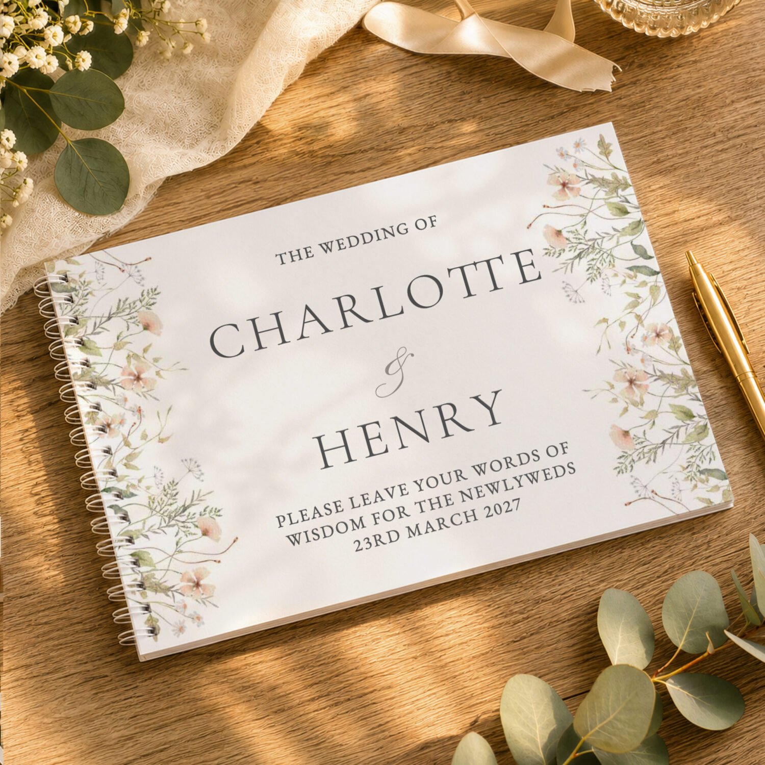 P0512AI78 Personalised Any Message Peach Wild Flowers Design Guest Book Personalised Any Message Peach Wild Flowers Design Guest Book - Image 1