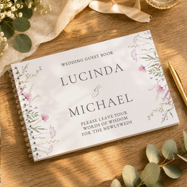 Personalised Any Message Pink Wild Flowers Design Guest Book