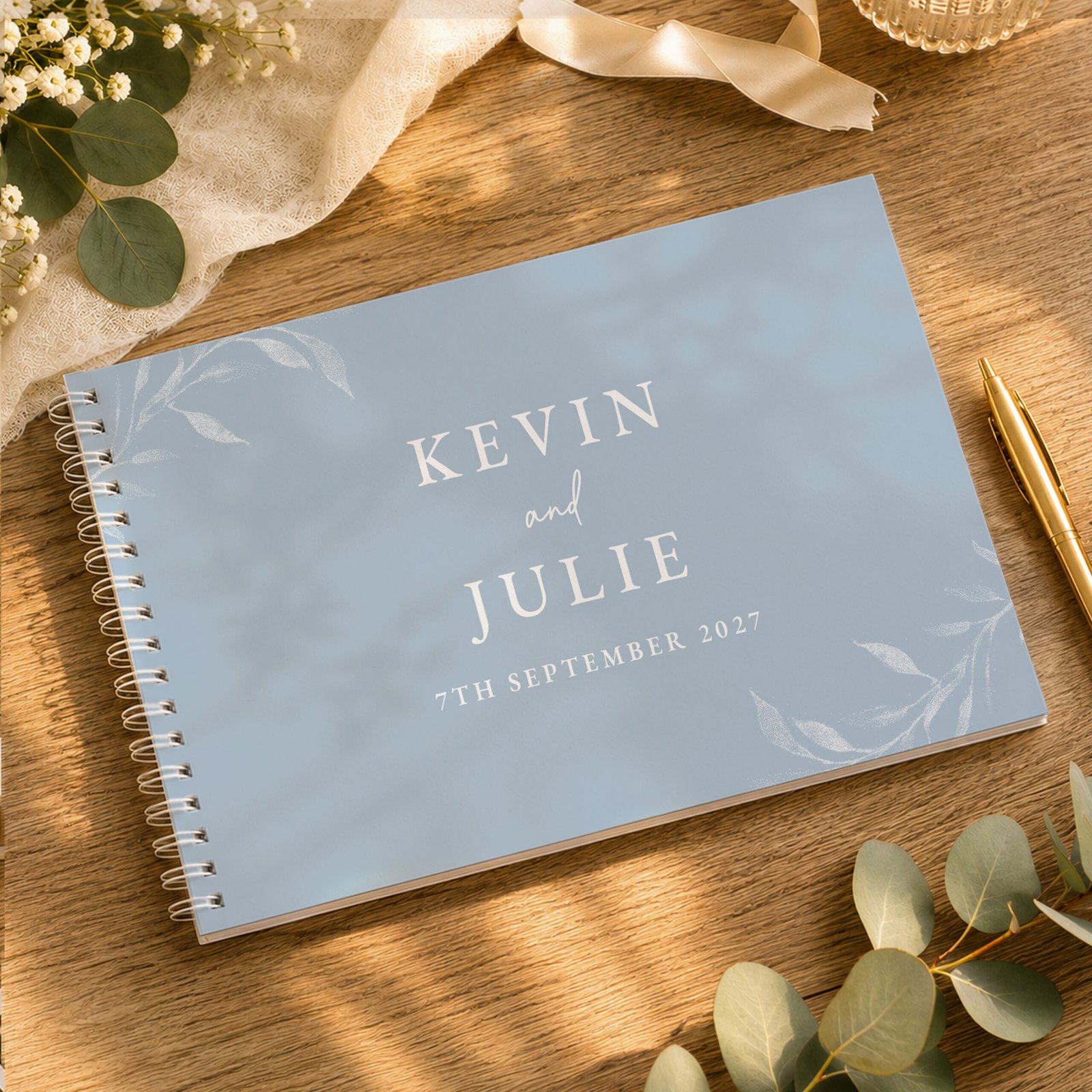 P0512AI88 Personalised Botanical Design Baby Blue Wedding Guest Book Personalised Botanical Design Baby Blue Wedding Guest Book - Image 1