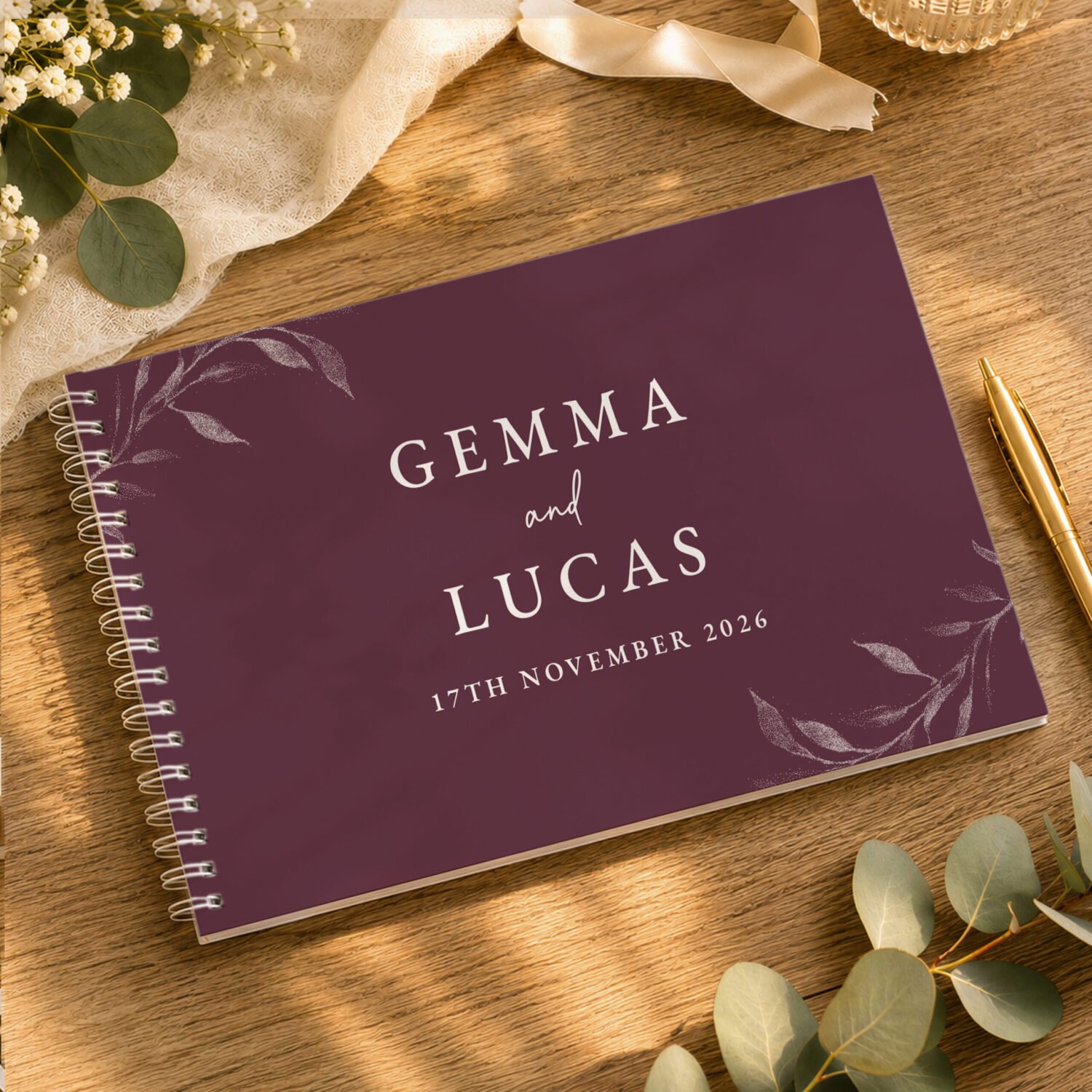 P0512AI91 Personalised Botanical Design Plum Wedding Guest Book Personalised Botanical Design Plum Wedding Guest Book - Image 1