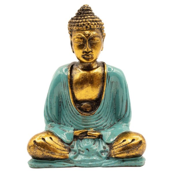 Ancient Wisdom Medium Teal & Gold Hand Painted Resin Buddha Figurine