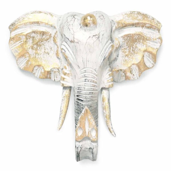Ancient Wisdom Large Gold & Whitewash Wooden Elephant Head