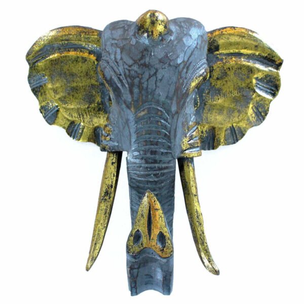 Ancient Wisdom Large Gold & Grey Wooden Elephant Head