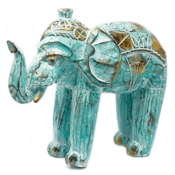 Ancient Wisdom Turquoise & Gold Wooden Hand Carved Elephant