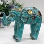Ancient Wisdom Turquoise & Gold Wooden Hand Carved Elephant - Image 2
